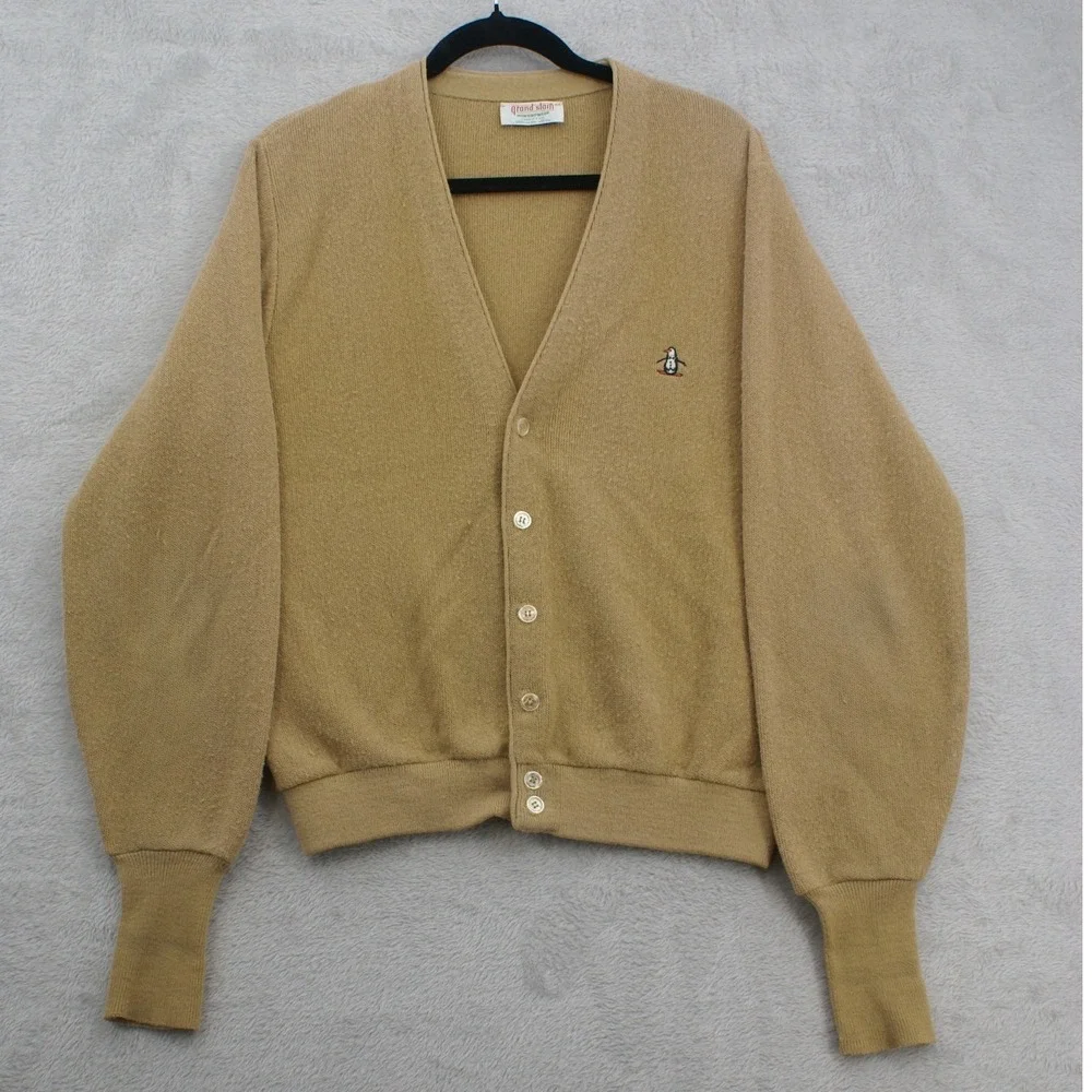 VTG 70s Munsingwear Grand Slam Penguin Cardigan 5-button Sweater Tan Acrylic M